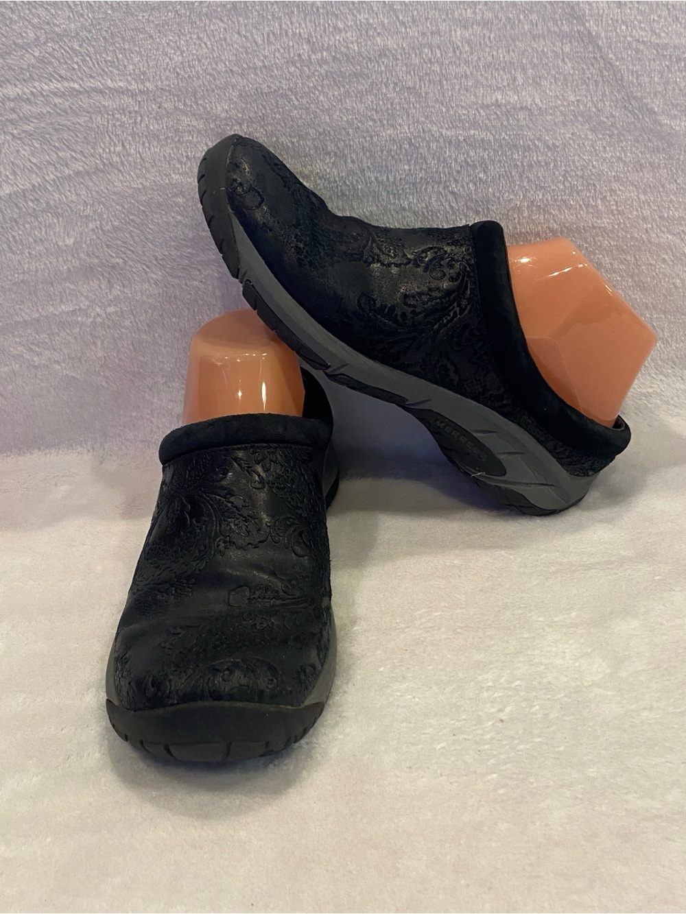 Women's Merrell Encore Frill Embossed Leather Mules Clogs Shoes Black Sz 7.5 VGC